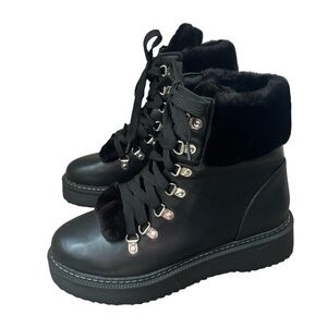 Nicole Miller Black Kooky Faux Fur Leather Lace Up Moto Combat Boot Size 9
